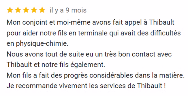 Témoignage positif d'un parent d'élève satisfait des cours particuliers